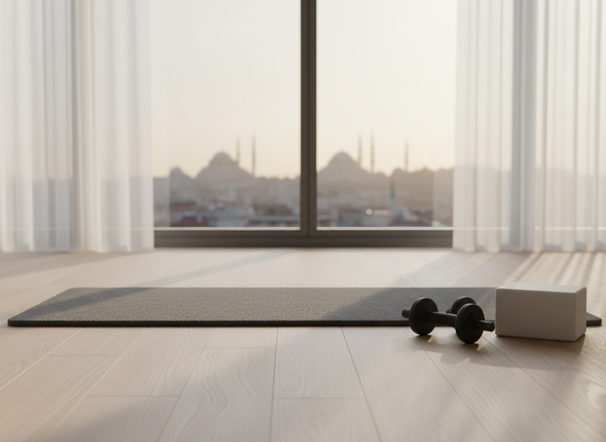 A neatly arranged home workout corner centered on a high-quality, dark charcoal exercise mat with a subtle texture, laid out on light oak wooden flooring. Beside the mat rests a pair of modest, matte-black dumbbells and a simple foam block, suggesting approachable, everyday fitness. In the background, a large window reveals a soft, blurred cityscape of Istanbul at dawn, with diffused morning light washing the room in a calm, pale-gold glow. Photographic realism at eye level, with a gentle depth of field that keeps the equipment sharp while the background melts into a soothing blur, conveying a professional yet inviting atmosphere for an online breath and fitness program.