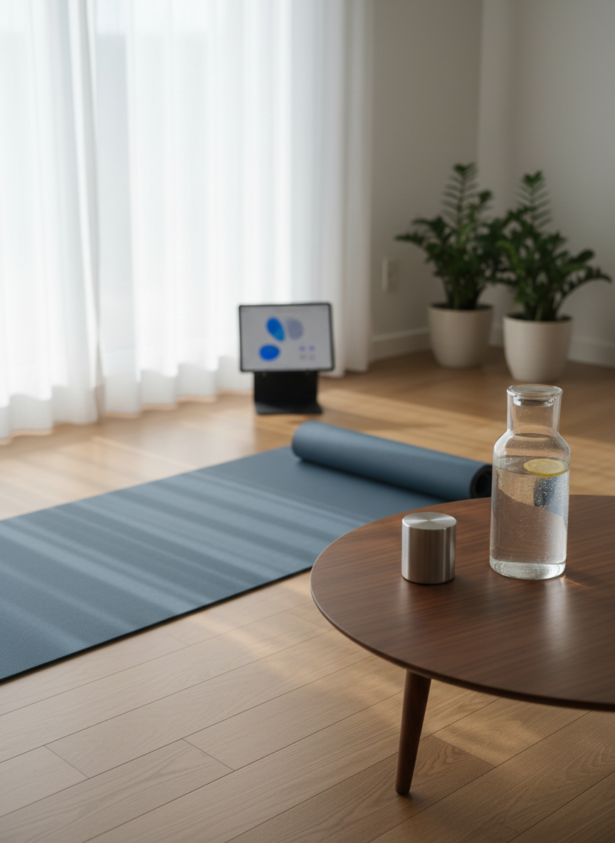 A minimalist living room transformed into a personal fitness space, featuring a folded slate-blue yoga mat, a small analog timer, and a glass carafe of water with condensation beads resting on a smooth walnut coffee table. A tablet on a modern stand shows a blurred, text-free interface of an online fitness program, hinting at guided breathing and movement sessions. Soft, indirect daylight enters through sheer curtains, creating delicate highlights on the glass and gentle shadows on the floor. Photographic, clean, and modern, shot from a slightly elevated angle with balanced composition, evoking a calm, structured environment where users can follow their own rhythm in an online breath and fitness routine.