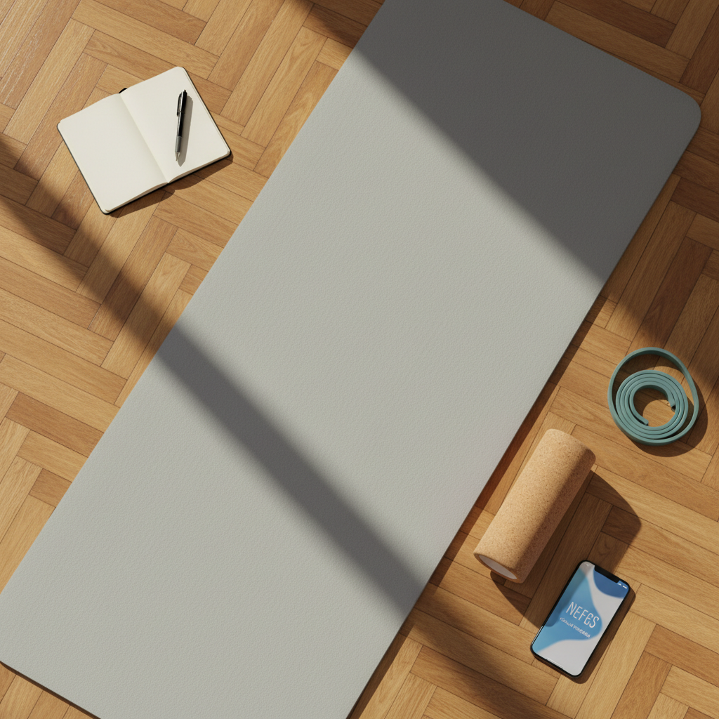 An overhead, photographic view of a clean, light-gray fitness mat laid out on warm-toned parquet flooring, surrounded by neatly placed props symbolizing a balanced nefes fitness routine: a simple cork roller, a resistance band in muted teal, and a small notebook with a pen for tracking progress. Off to one side, a sleek smartphone rests face up, showing an out-of-focus, logo-free interface of a Turkish-language online program. Soft afternoon light from an unseen window casts long, gentle shadows, creating a serene, focused mood. The composition follows the rule of thirds, emphasizing order, accessibility, and the sense of a professional yet approachable home practice space.
